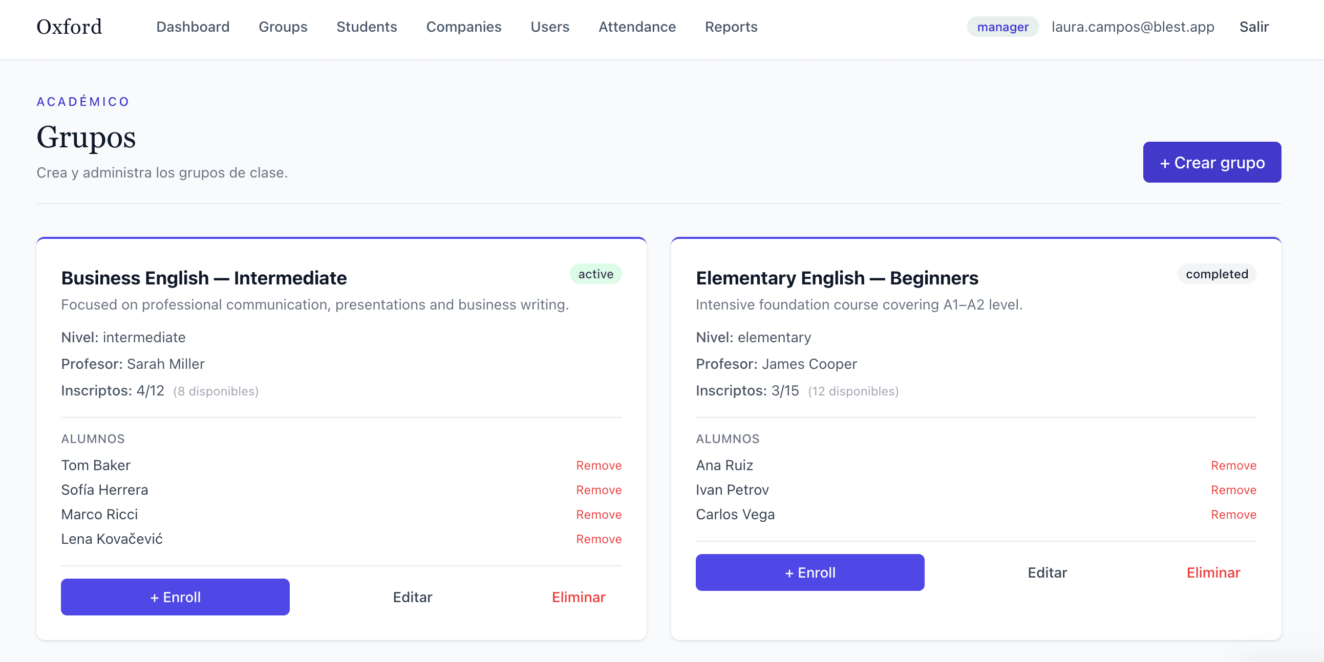 BLEST — Gestión de grupos y cursos