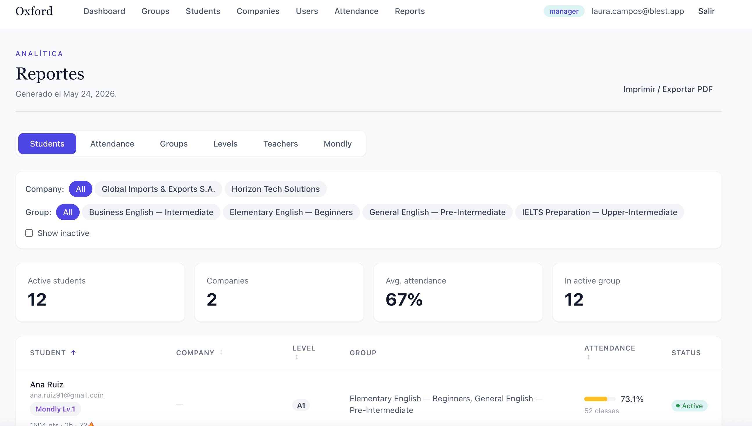 BLEST — Reportes de alumnos y asistencia