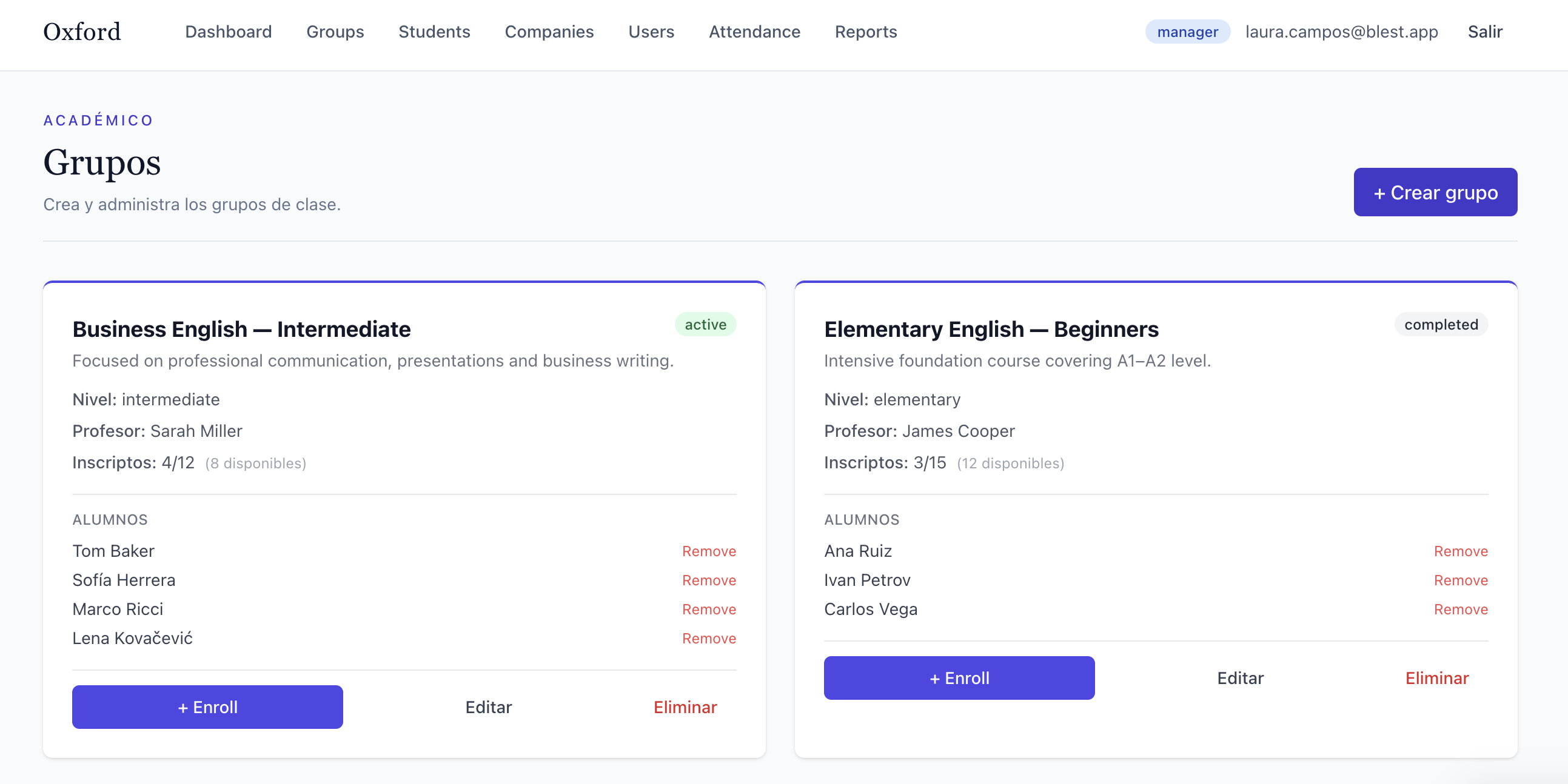 BLEST — Gestión de grupos y cursos