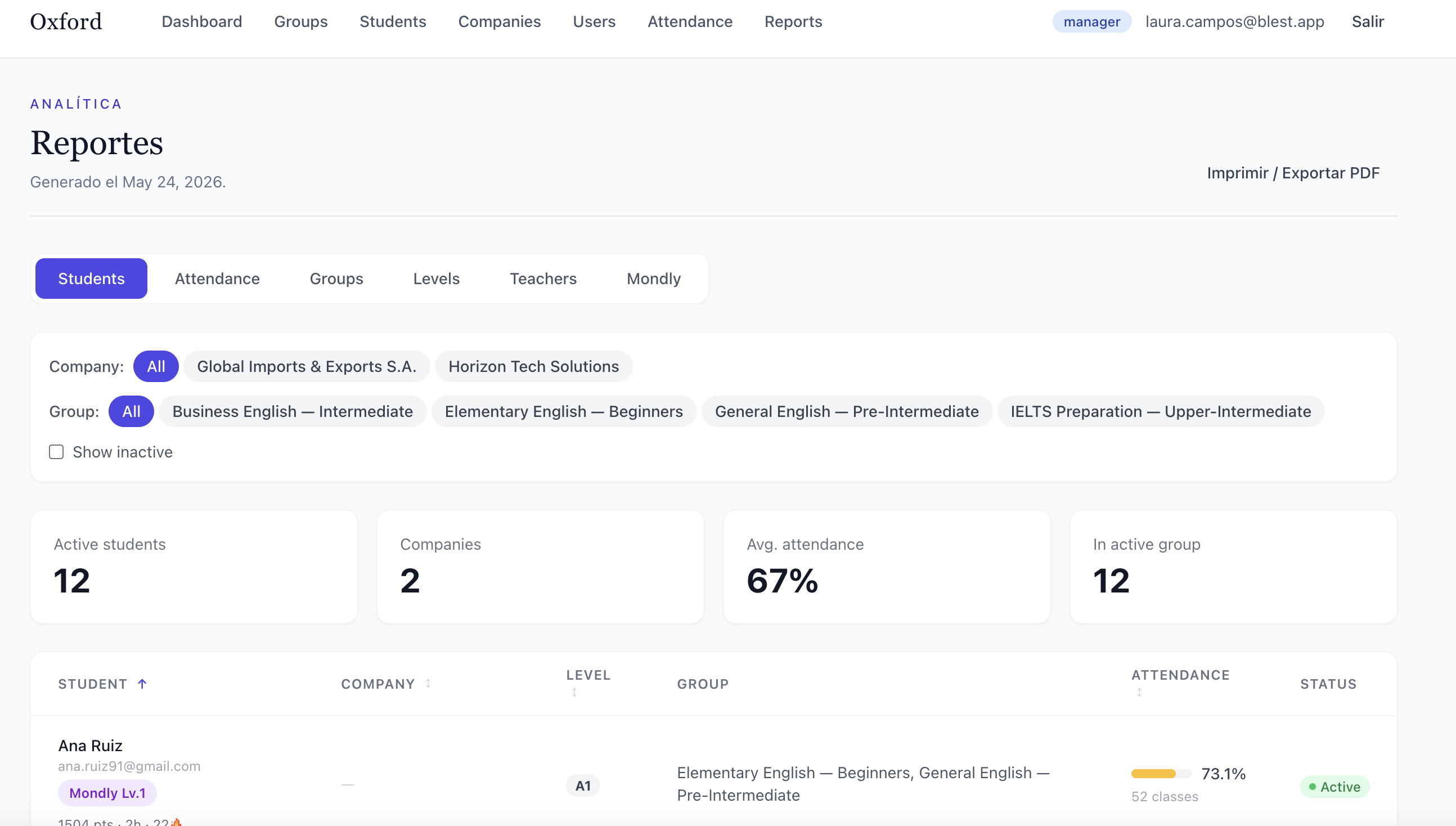BLEST — Reportes de alumnos y asistencia